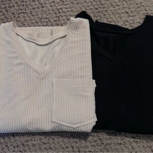 Elegant V-Neck Blouse Set - Black and Cream